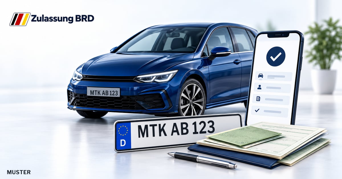 Online Fahrzeugzulassung in Schwalbach am Taunus: Musterkennzeichen MTK AB 123, Auto und Fahrzeugpapiere und Smartphone. Illustration mit Logo von Zulassung BRD.